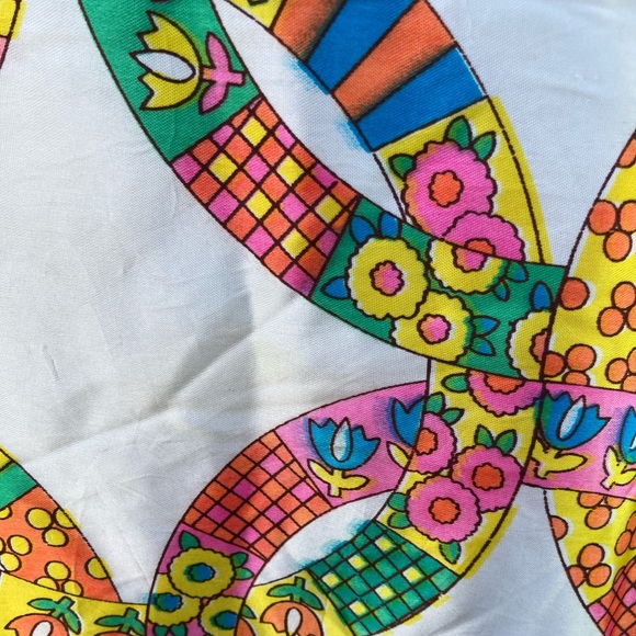 Vintage 70s Groovy Floral Satin Top Blouse Circles Bright Short Sleeve L - Picture 3 of 7